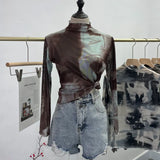 Real Shooting Wave Side Half-High Collar Net Yarn Dyed Long Sleeve Thin Inside The Bottom Shirt Autumn And Winter Folded T-Shirt