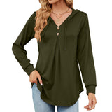 New V-Collar Solid Color Button Drawrope Long Sleeve Loose T Shirt Hoodie-Outfit