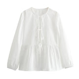 New Bow Knot Lock Color Loose Casual Shirt Blouse-Outfit