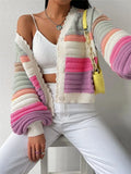 Fongt R-Shirt 2025 Autumn And Winter Sweater Coat Women's Rainbow Striped Lantern Sleeve