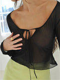 Sexy Women T-shirts Mesh See Through Exposed Navel Crop Top T-shirts Long Sleeve Low-cut Lace-up Solid Clubwear Party-Outfit