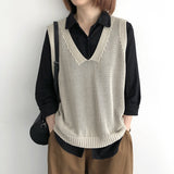 Fongt Spring 2024 V-Neck Sleeveless Loose Vest New Literary Knit Vest Pure Color Wisp Empty Women Fold Wear Jacket-Outfit