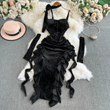 Fongt Red Velvet Sling Dress Woman Irregular Opening Sexy Bag Hip Heavy Industry Dress Dress 0453