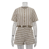 Fongt Women's Short Sleeve Striped Shirt Shorts Set Stylish Loose Breathable Two-Piece Set-Outfit