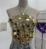 Fongt Industry Bling Bling Glide Hanging Neck Sling Vest One-Style Wrapping Tie With Large Bare Back Blouse 1083