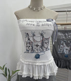 Fongt Kitten Print Bow Sweetheart Hottie With Chest Pads With Chest Bra Vest Wooden Ear Top 1270