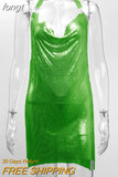 Luxury Sequined Low Cut Halter Mini Dress Backless Patchwork Split Sleeveless Hollow Out Party Sexy Women Solid