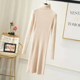 Office Lady Slim Pit Knitted Sweater Dress Long Sleeve Turtleneck Solid High Street Casual Dress 2021 Winter Fashion