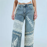 Fongt Style Hot Lace Spliced Straight Jeans Women's Summer Strap Design Prints Denim Trousers
