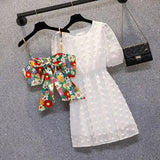 Women Summer Midi Dresses 2022 White Mesh Short Sleeve Dresses And Print Bow Straps Vest Dress Suits Sweet Korean