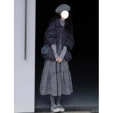 Fongt Retro Gray Flower Tart Half Skirt Girl Autumn And Winter Small Man High-Waisted A Word Umbrella Skirt Medium Long Skirt