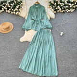 Fongt Simple Style Solid Temperament Suit Women's Spring Bubble Sleeve Strap Shirt + Tight Waist Slim Half Body Long Skirt