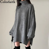 New 2021 Autumn Winter Women Sweaters Pullovers Oversized Fashionable Split Vintage Turtleneck Elegant Tops