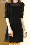Autumn 2023 Round Neck Hollow Out Solid Color A-line Dresses Elegant Fashion Temperament Waist Chic Grace Chiffon