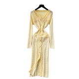 Fongt Small Fragrant Style High-Level Sense V-Neck Metal Buckle Waist Knitted Dress Women Autumn Body Fork Long Dress
