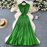 Fongt Luxury Famous Lady High Sense Sleeveless Knitted Dress Girl Summer Folds Splicing To Repair The Royal Sister Temperament Long