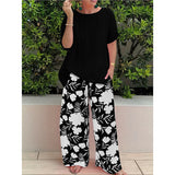 Fongt Plus Code Lady Two-Set Set Of Stylish Short-Sleeved Round Collar Top Wide Leg Trousers Print Casual Dress