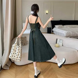 Fongt And Summer 2025 New Small French Long-Term Collection Waist Thin Design Retro Cowboy Strap Dress