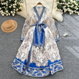 Fongt Retro Design Cross V-Neck Yarn Lantern Sleeve Strap To The Belt Print Big Swing Ponve Dress