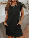 Fongt Summer Large-Size Burst Solid Color With Pocket Casual Round Collar Dress Woman