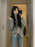 Korean Style Gray Zipper Sweater Cardigan Women Harajuku Streetwear Patchwork Oversize Knitted Tops Kpop Jumper