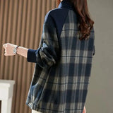 Plaid Patchwork Women's Korean All-match Loose Fashion Turn-down Collar Autumn Winter Thick Warm Drawstring Pullovers-Outfit