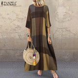 Autumn 3/4 Sleeve Polka Dot Printed Long Dress Vintage Women's Cotton Linen Dresses Female Kaftan Vestido Femme