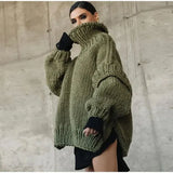 Women Solid Knit Turtlrneck Sweater Casual Oversize Lantern Long Sleeve Pullover 2023 Autumn Winter Slit Thick Warm Top