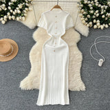 Fongt Style Temperament Knitting New High-End Collar Single Buckle Short Sleeve Slimming French Style Long Dress