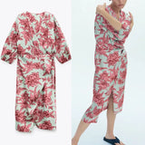 Print Wrap Midi Dress Women Elegant Long Sleeve Gathered Front Knot Dresses Female Chic Split Vintage Ruched Summer