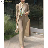 Han Queen Autumn Winter Occupation 2-Piece Suits Women Elegant Fashion Lace-Up Suit Jacket & Simple Pants Korean OL Casual