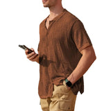 Fongt Men's Summer New Short-Sleeved Shirt Lapel Solid Color Hollow Out Breathable Cool Summer Men's
