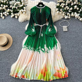 Fongt Elegant Dress Women Fashion Nail Ball Collar Hollow Pressure Folding Lantern Sleeves To Print Long Skirt