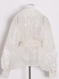 Fongt Retro Palace Style Top Autumn 2024 New Organza Lapel Lantern Sleeve Lace Printed Shirt Girl-Outfit