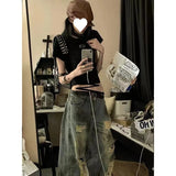 Fongt Wasteland Wind Splash Ink Ripped Jeans Women Summer New Water-Washing Straight Tube Trousers Tide