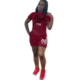 Two Piece Set Women Pink Letter Print Tops + Holes Shorts Tracksuits for Plus Size Women Casual Steetwear 2pcs