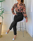 Women's Elegant Two Piece Pants Sets Printed Long Sleeve Shirts and Pants with Belt Fashion Women 2pcs Suits Office