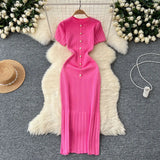 Fongt Style Temperament Knitting New High-End Collar Single Buckle Short Sleeve Slimming French Style Long Dress