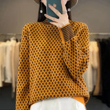 Winter Vintage Knitted Jumpers Casual Half High Collar Spliced Female Clothing Long Sleeve Fashion Asymmetrical Sweaters-Outfit