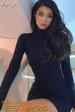 Dress Knitted Long Sleeve Dress Bodycon Dress Solid Brown Autumn Winter Woman Dress Basic Streetwear Turtleneck Mini