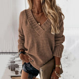 Oversize Sweater Knitted Autumn Winter V Neck Jumper Solid Knit Pullover 2021 Long Sleeve White Warm Sweaters For