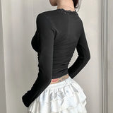 Fongt Pure Desire Sexy Wind Lace Splicing Base Long-Sleeved T-Shirt V-Neck Pure Color Slim Slim Joker Top-Outfit