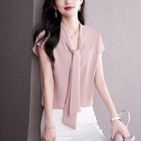 Fongt Female Short Sleeve OL Commuter Wind Elegant Mulberry Silk Jacket Bow Ribbon Shirt-Outfit