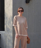 Fongt Fashion Suit Temperament Bumpy Open Fork Short-Sleeved Knit Shirt High Waist Thin Leg Trousers Two Sets