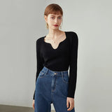 Women Knitted Sweater Long Sleeves Autumn Tops Gentle Retro Pullovers Irregular Neckline Solid Color Women