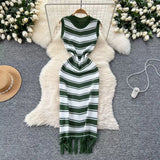 Fongt Slimming Striped Tuxedo Sweater Dress With Thin Knitted Dress Temperament Elegant