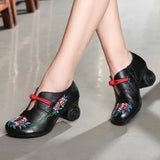 Women Embroidery Pumps Grey Lady 6CM High Heels Shoes Handmade Women Genuine Leather Pumps Autumn