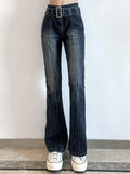 Dark Y2k Low Waist Punk Do Old Women Jeans Punk Gothic Fall Flare Denim Pants With Sashes Gothic Eyelet Patchwork