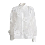 Fongt Retro Versatile Top Fall 2024 New Three-Dimensional Flower Embroidery Design Loose Mesh Perspective Shirt-Outfit