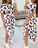 Fongt Round Neck Short Sleeve Slit A-Line Dress Tie Print Women's